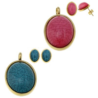 Fashion Stainless Steel Jewelry Sets, pendant & earring, with Resin, Flat Oval, plated Approx 5mm 