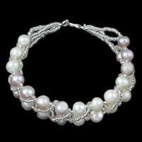 Bracelets de perles en verre  , perle d'eau douce cultivée, avec perles de rocaille en verre, laiton fermoir homard, pomme de terre, naturel, deux tons, 5-6mm Environ 7 pouce, Vendu par brin