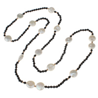 Crystal Freshwater Pearl Sweater Necklace, with Crystal & Brass, Coin, natural, faceted, black, 12-13mm Approx 32 Inch 