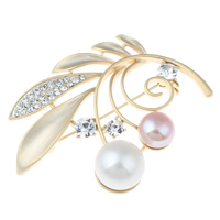 Freshwater Pearl Brooch, Brass, with Freshwater Pearl, Flower, gold color plated, natural & with rhinestone & matte, nickel, lead & cadmium free 9-13mm 