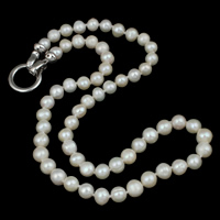 天然淡水真珠のネックレス, 天然有核フレッシュウォーターパール, 真鍮 フォールドオーバーの留め金, ポテト, ホワイト, 7-8mm, 長さ:約 18 インチ, 売り手 ストランド