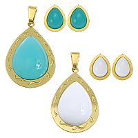 Fashion Stainless Steel Jewelry Sets, pendant & earring, with Resin, Teardrop, gold color plated Approx 