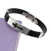 Bracelet en acier inoxydable Silicone, avec acier inoxydable, croix, noire, 10mm Environ 8 pouce, Vendu par brin