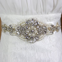 Bridal Decorative Belt, Satin Ribbon, with ABS Plastic Pearl & Crystal & Glass Seed Beads, Flower, for bridal & faceted & with rhinestone, white Approx 68.5 Inch 