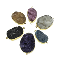 Natural Agate Druzy Connector, Ice Quartz Agate, with iron bail, Flat Oval, gold color plated, druzy style & 1/1 loop - Approx 2mm 