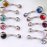 Stainless Steel Belly Ring, with rhinestone, mixed colors, 5mm, 8mm 