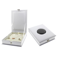 Leather Jewelry Set Box, Cardboard, finger ring & earring & necklace, with Sponge & PU Leather, Rectangle, white 