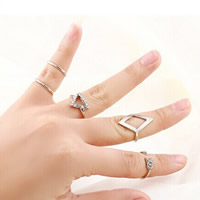 Zinc Alloy Ring Set, platinum color plated, with rhinestone, nickel, lead & cadmium free, 14-17mm 