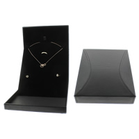 Leather Jewelry Set Box, Cardboard, finger ring & earring & necklace, with PU Leather, Rectangle, black 