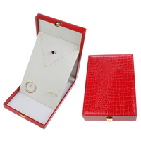 Leather Jewelry Set Box, Wood, finger ring & earring & necklace, with PU Leather & Velveteen, Rectangle, red 