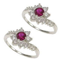 Cubic Zirconia Sterling Silver Finger Ring, 925 Sterling Silver, Flower, with cubic zirconia & faceted, fuchsia US Ring .5 