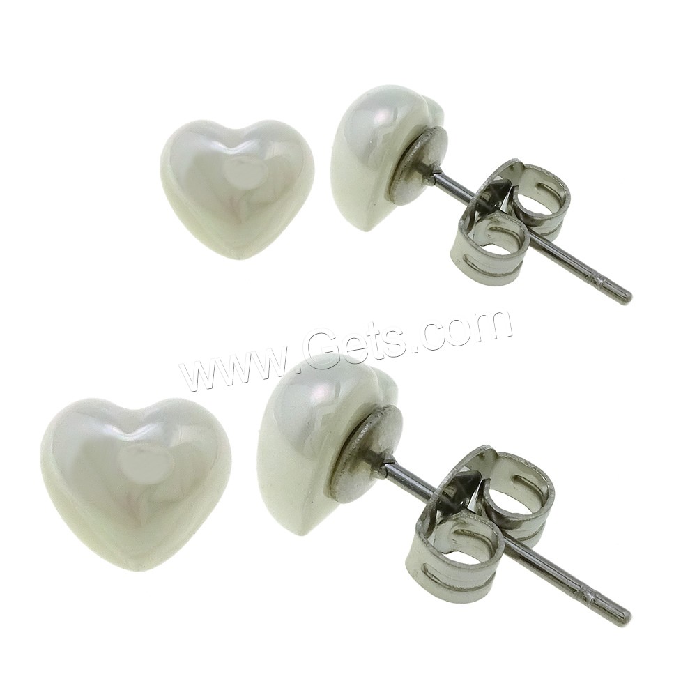 South Sea Shell Stud Earrings, Stainless Steel, with South Sea Shell, Heart, different size for choice, white, 10Pairs/Bag, Sold By Bag