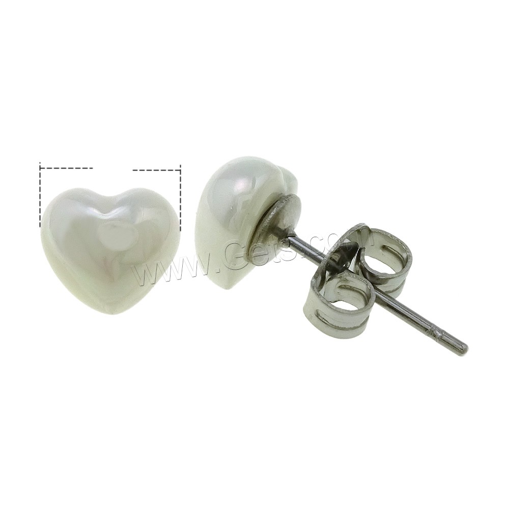 South Sea Shell Stud Earrings, Stainless Steel, with South Sea Shell, Heart, different size for choice, white, 10Pairs/Bag, Sold By Bag