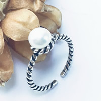 Thailand Sterling Silver Cuff Finger Ring, with Freshwater Pearl, natural, open, 6mm, US Ring 