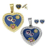 Enamel Stainless Steel Jewelry Sets, pendant & earring, Heart, plated Approx 