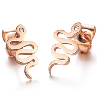 Titanium Steel Stud Earring, Snake, rose gold color plated, with rhinestone, 13mm 