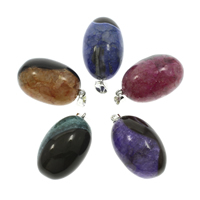 Crackle Agate Pendant, with iron bail, Oval, platinum color plated - Approx 