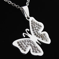 Stainless Steel Animal Pendants, with Rhinestone Clay Pave, Butterfly, original color Approx 3-5mm 