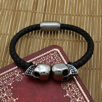 Men Bracelet, Cowhide, with Silicone & Stainless Steel, Skull, blacken, black, 6mm  Approx 8.2 Inch 