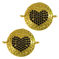 Cubic Zirconia Micro Pave Brass Connector, Flat Round, real gold plated, micro pave cubic zirconia & 1/1 loop & hammered Approx 1mm 