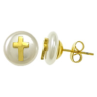 Glass Pearl Stud Earring, Stainless Steel, with Glass Pearl, Cross, gold color plated 