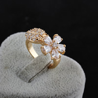 Cubic Zircon Brass Finger Ring, Flower, real gold plated & with cubic zirconia, 14mm 