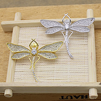 Brass Brooch Finding, Dragonfly, plated, micro pave cubic zirconia 1mm 