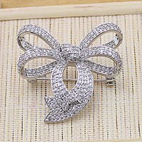 Cubic Zirconia Brooch, Brass, Bowknot, platinum plated, micro pave cubic zirconia 