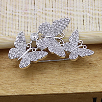 Brass Brooch Finding, Butterfly, platinum plated, micro pave cubic zirconia 1mm 