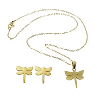 Fashion Stainless Steel Jewelry Sets, earring & necklace, Dragonfly, gold color plated, oval chain Approx 18 Inch 