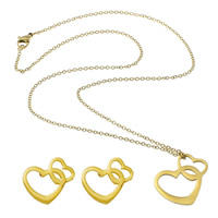 Fashion Stainless Steel Jewelry Sets, earring & necklace, Heart, gold color plated, oval chain Approx 18 Inch 
