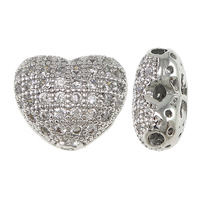 Cubic Zirconia Micro Pave Brass Beads, Heart, platinum plated, micro pave cubic zirconia & double-hole & hollow Approx 1.5mm, 1mm 