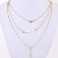 Mode-Multi-Layer-Halskette, Zinklegierung, mit ABS-Kunststoff-Perlen & Eisenkette, mit Verlängerungskettchen von 5cm, 18 K vergoldet, Oval-Kette & 3-Strang, frei von Blei & Kadmium, 24mm, Länge:ca. 15.5 ZollInch, verkauft von Strang