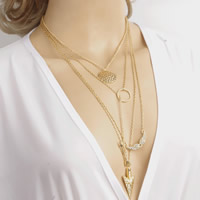 Fashion Multi Layer Necklace, Zinc Alloy, with iron chain, with 5cm extender chain, 18K gold plated, oval chain &  & hammered, lead & cadmium free, 39cm Approx 15.5 Inch 