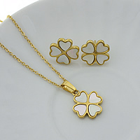 Fashion Stainless Steel Jewelry Sets, earring & necklace, with White Shell, Four Leaf Clover, gold color plated, natural & oval chain Approx 18 Inch 