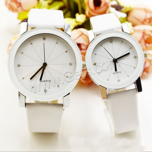 Couple Watch Bracelets, PU Leather, with zinc alloy dial & Glass, Chinese movement, platinum color plated, different styles for choice & with rhinestone, white, Sold By PC