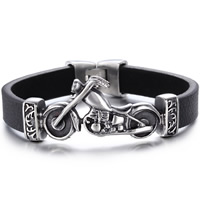 Men Bracelet, Stainless Steel, with Cowhide, Motorcycle, for man & blacken, 12mm Approx 8.6 Inch 
