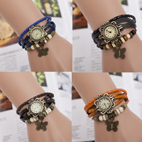 Wrap Watch, Zinc Alloy, with PU Leather & Cowhide & Glass & Wood, Chinese movement, Butterfly, antique bronze color plated, adjustable & for woman 25mm, 9mm Approx 9.4 Inch 