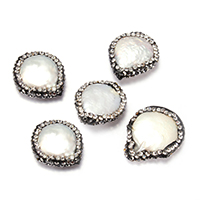 Natural White Shell Beads, with Rhinestone Clay Pave, Flat Round, 13-17x16-20x3-7 Approx 0.5-1mm 