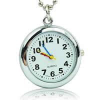 Uhr-Halskette, Zinklegierung, mit Eisenkette & Glas, flache Runde, Platinfarbe platiniert, Kugelkette, Länge:ca. 23 ZollInch, verkauft von Strang