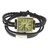 Wrap Watch, Zinc Alloy, with Waxed Cotton Cord & PU Leather & Cowhide & Glass, plated, braided bracelet & adjustable & 9mm, 3mm, 4mm Approx 7-10 Inch 