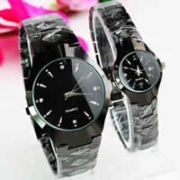 Couple Watch Bracelets, Zinc Alloy, with Glass, Round, plumbum black color plated, for couple & with rhinestone, cadmium free, 25mm, 35mm, 14-16mm Approx 8.5 Inch, Approx 9 Inch 