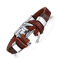 Men Bracelet, Cowhide, with Linen & Zinc Alloy, Anchor, platinum color plated, nautical pattern, brown, 12mm Approx 8 Inch 