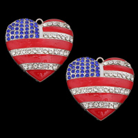 Colgantes de Aleación de Zinc en Forma de Corazón, chapado en color de plata, patrón de la bandera de Estados Unidos & esmalte & con diamantes de imitación, multicolor, libre de plomo & cadmio, 48x47x8mm, agujero:aproximado 2mm, Vendido por UD