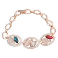 Enamel Zinc Alloy Bracelets, with Cats Eye & Crystal, Flat Oval, rose gold color plated, oval chain & faceted & with rhinestone, lead & cadmium free Approx 6 Inch 