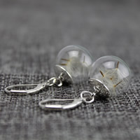 Glass Globe Earrings, with Iron, Round, platinum color plated, with dandelion seeds, 16mm 