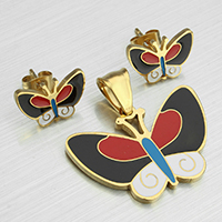 Enamel Stainless Steel Jewelry Sets, pendant & earring, Butterfly, gold color plated  Approx 