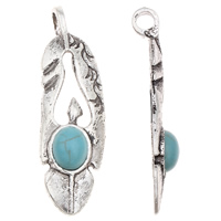 Zinc Alloy Feather Pendants, with Synthetic Turquoise, antique silver color plated, lead & cadmium free Approx 2mm 