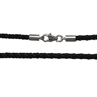 Cowhide Necklace Cord, brass lobster clasp, platinum color plated, braided, black, 3.5mm Approx 18.5 Inch 