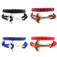 Men Bracelet, PU Leather, with Waxed Cotton Cord & Zinc Alloy, Anchor, word hope, plated, nautical pattern Approx 15.4 Inch 